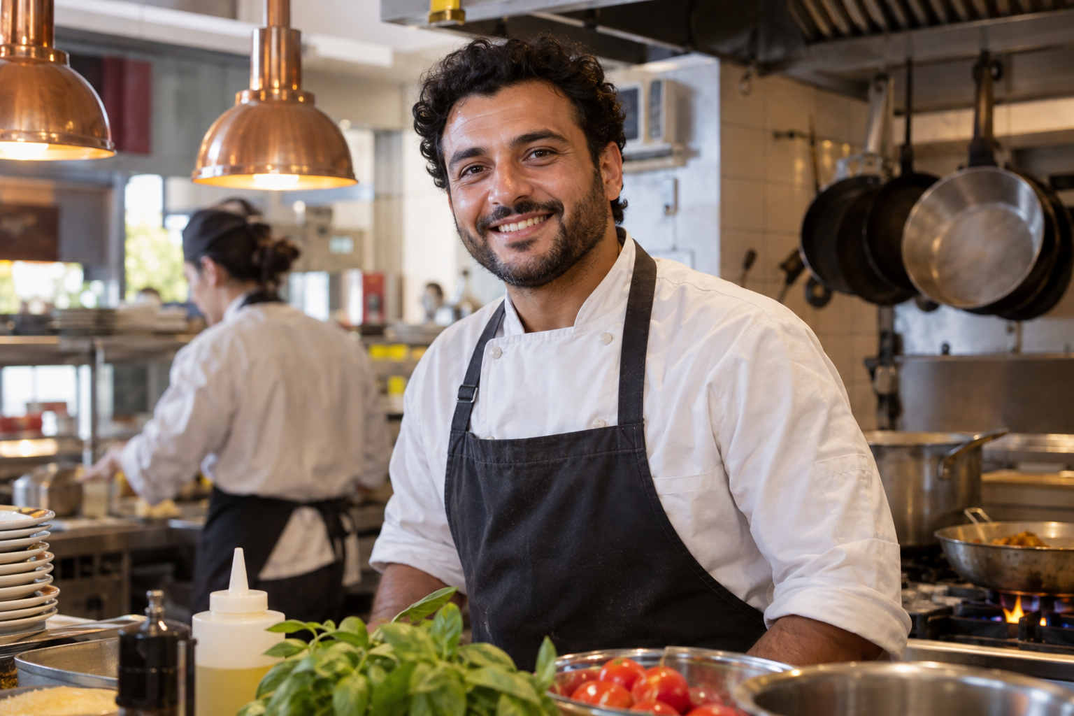 Fotografia dimostrativa di Mohamed nella cucina del suo lavoro